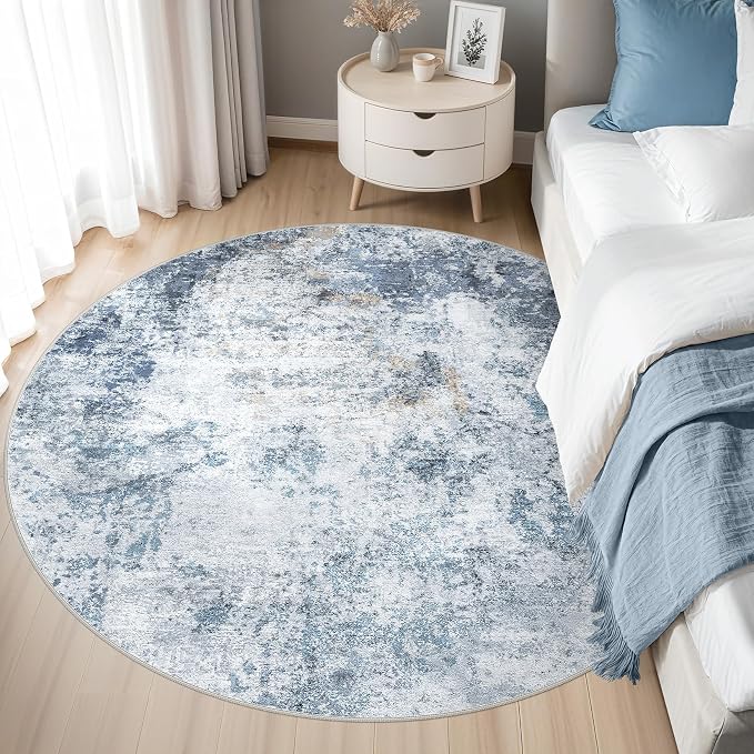 DMOYEST 5ft Round Area Rug for Living Room Washable Non Slip Circle Rug | 5x5 Neutral Modern Abstract Low Pile Rugs Kid & Pet Friendly Soft Carpet for Bedroom and Dining Room - Blue
