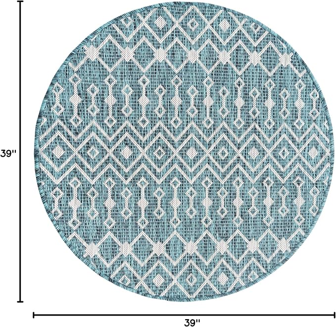 Unique Loom Outdoor Trellis Collection Area Rug - Tribal Trellis (3' 3" Round, Teal/ Ivory)