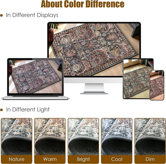 Washable Area Rugs - Perfect for Living Room, Bedroom, Kids Room, Nursery - Stain & Water Resistant Non-Slip, Pet & Child Friendly, Vintage Tribal Area Rugs (Rust, 3' x 5 ')