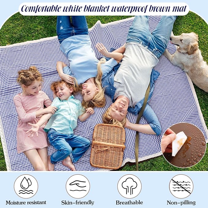 VitalCozy Waterproof Picnic Blankets 59 x 78in Outdoor Blanket Foldable 2 in 1 Double Layer Sandproof Beach Mat with Carry Strap for Camping Lawn Park Beach Grass(Blue White)
