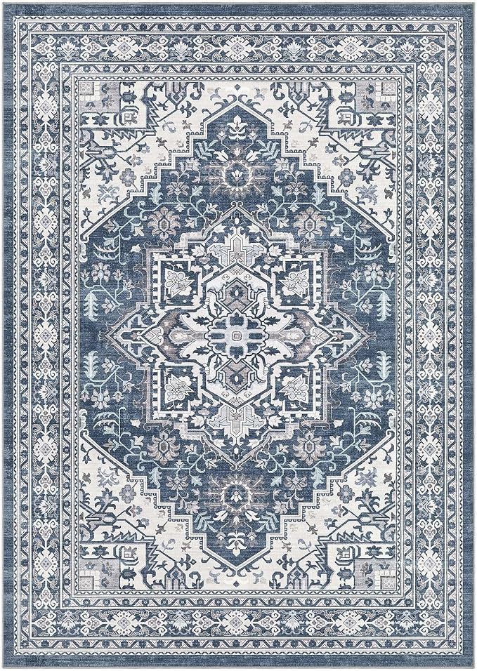 UERMEI 5x7 Area Rug for Living Room - Washable Vintage Carpet, Non-Slip Soft Large Indoor Floor Rugs for Bedroom Home Office & Under Dining Table Decor, Denim Blue/White