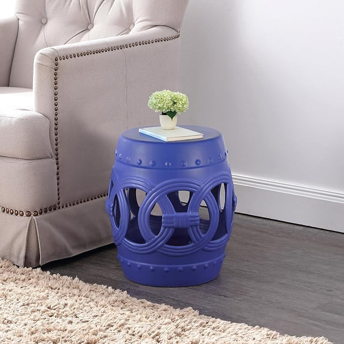 JONATHAN Y Lucky Coins 16" Ceramic Garden Stool, Contemporary Matte Blue Cutout Interlocking Rings Drum Indoor/Outdoor Side Table and Plant Stand for Patio, Garden, Living Room TBL1022D
