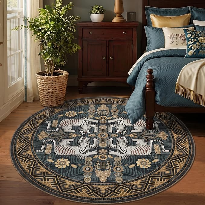 GarveeHome Tiger Round Area Rugs Boho Bedroom Non Slip Washable Vintage | 4ft Blue Animal Print Bedroom Circle Rugs,Tribal Floor Carpet for Dining Room Entryway Nursery Playroom Office