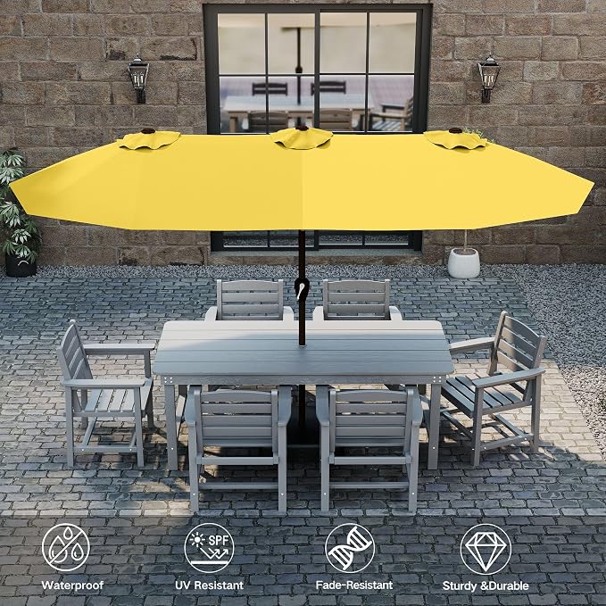 Kingdura 15ft Large Patio Umbrella with Solar Lights, Double-Sided Rectangle Lighted Outdoor Table Umbrella with Base Included, 12 Reinforced Ribs, 48 Led Lights, Crank Lift for Market Pool Deck Backyard, Yellow