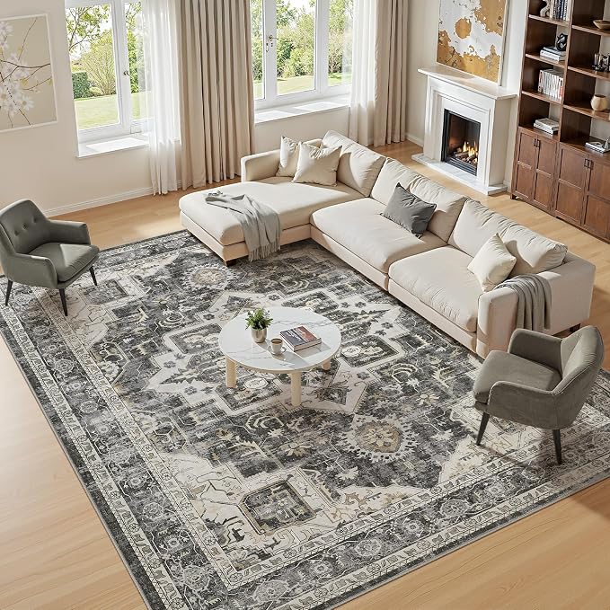 Vintage Washable 8x10 Area Rug for Living Room, Black | Soft Low Pile Rug with Non-Slip Backing, Stain Resistant for Bedroom or Dining Room, Kid & Pet Friendly