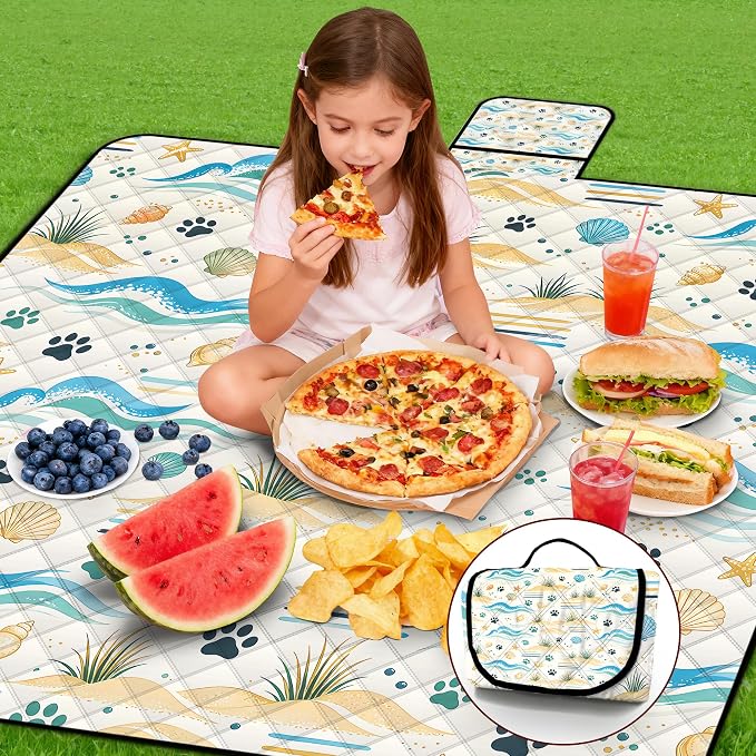 Extra Large Picnic Blanket Waterproof,80"x 80"Foldable Machine Washable Outdoor Blanket,Seashell Beach Blanket for 6-8 Adults,Picnic Mat Suitable for Indoor Crawling,Park Beach,Camping,Hiking,Travel