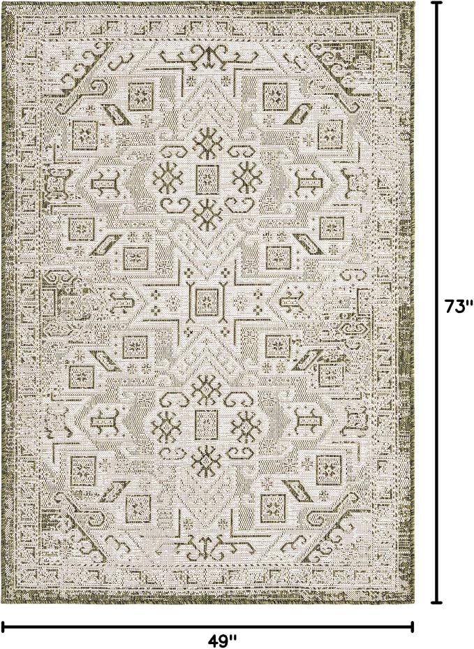 Unique Loom Outdoor Aztec Collection Area Rug - Coba (4' 1" x 6' 1" Rectangle, Green/ Ivory)