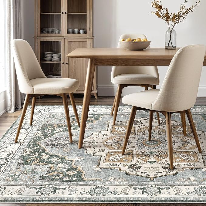 8x10 Washable Area Rug: Vintage Neutral Soft Non Slip Thin Large Floor Carpet for Living Room Bedroom Kitchen Dining Room Home Office Farmhouse Indoor - Green