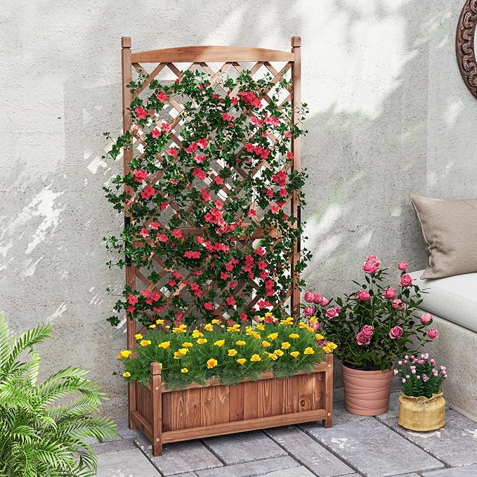 Giantex Raised Garden Bed with Trellis, 60” Wooden Planter Container with Drainage Holes, High Trellis for Plant Flower Climbing Pot Hanging, Indoor & Outdoor Planter Box for Yard Garden Balcony
