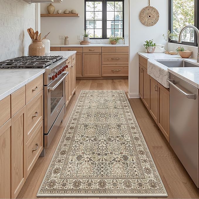 2'6" x 8' Kitchen Runner Rug, Washable Non Slip, Dark Espresso | Vintage Floral, Spill Resistant, Lightweight Low Pile Carpet for Hallway, Bedroom, Laundry Room and Bathroom