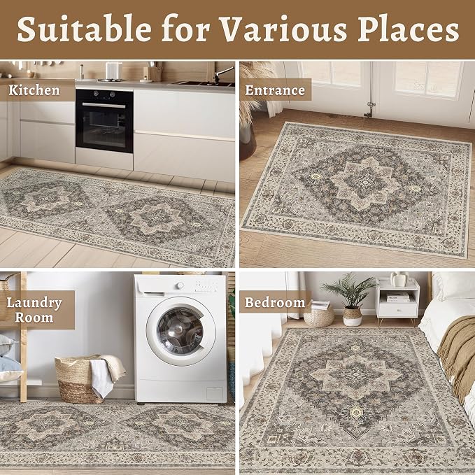 Tangsoo Vintage 2x5 Washable Runner Rugs for Hallway, Non Slip Rug Runner | Farmhouse Soft Low Pile Rug Runner, Oriental Carpet Runners for Entryway Kitchen Bedroom Bathroom Living Room Grey/Multi