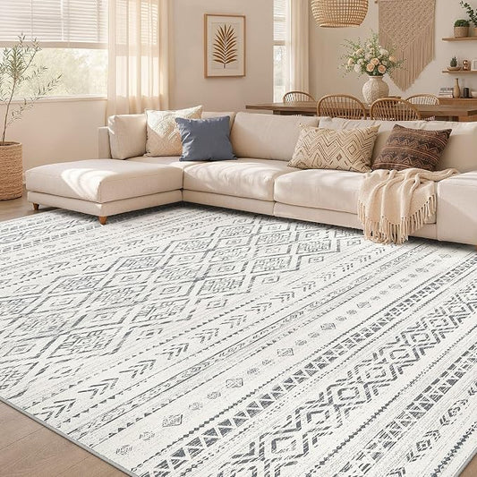 Nakagishi Area Rug Living Room Rugs: 5x7 Large Soft Machine Washable Boho Moroccan FarmNeutral Stain Resistant Indoor Floor Carpet for Bedroom Under Dining Table Home Office Decor-Grey