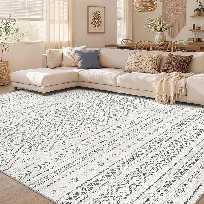 Nakagishi Area Rug Living Room Rugs: 6x9 Large Soft Machine Washable Boho Moroccan FarmNeutral Stain Resistant Indoor Floor Carpet for Bedroom Under Dining Table Home Office Decor-Grey