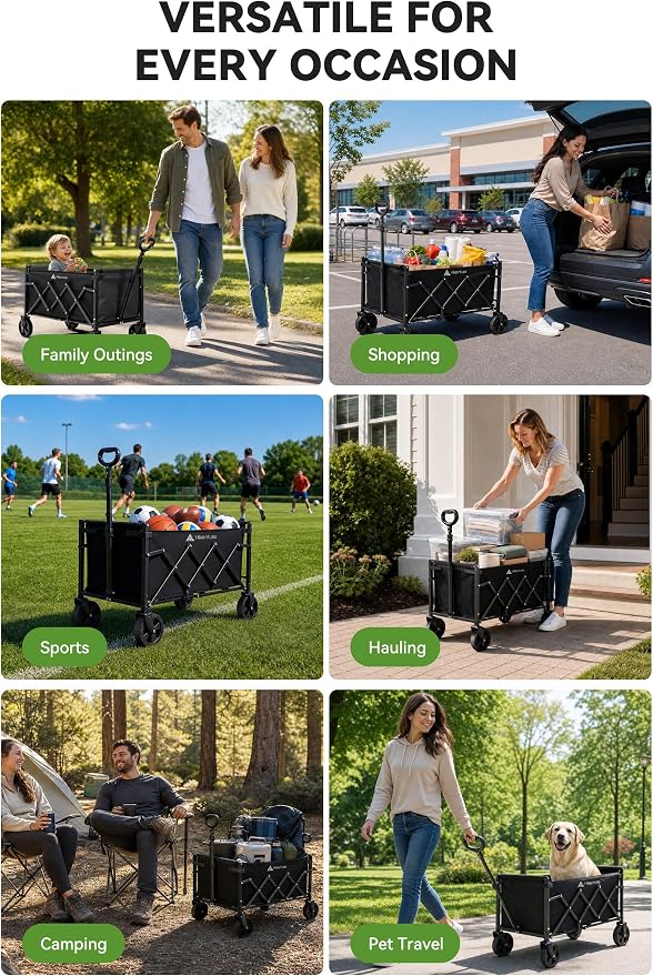 Hikenture Collapsible Wagon Cart with Wheels, 220 lbs Foldable Wagon | 9 lbs Lightweight Portable Utility cart, All Terrain Folding Wagon for Grocery Shopping, Garden, Sports, Camping, Daily Use