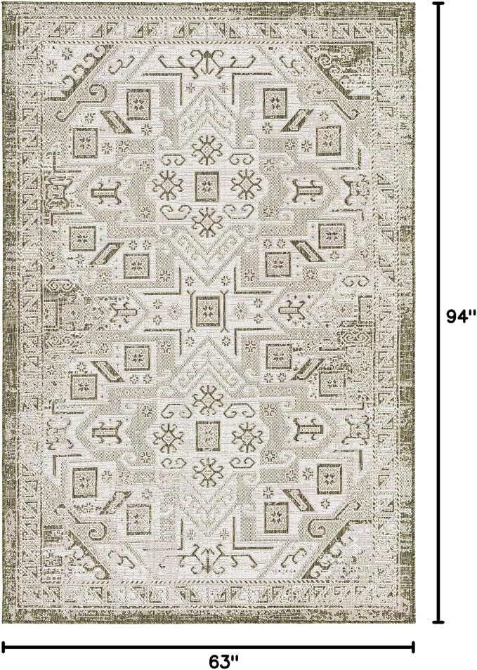 Unique Loom Outdoor Aztec Collection Area Rug - Coba (5' 3" x 7' 10" Rectangle, Green/ Ivory)