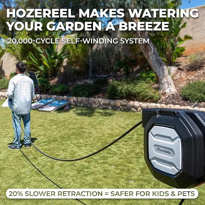 1/2" x 165 FT Retractable Garden Hose Reel,Outdoor Garden Hose Reels - Self Retract Wall Metal Mount Hose Reel Automatic Storage(Black）