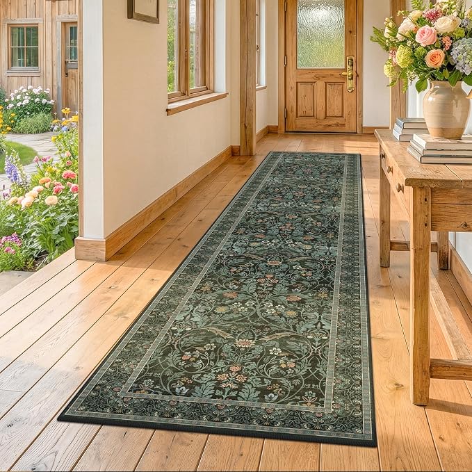 2x10 Long Hallwag Runner Rug 10ft, Washable Dark Green Indoor Floor Mats for Entryway Non Slip, Flower & Botanical Pattern Stain Resistant Carpet