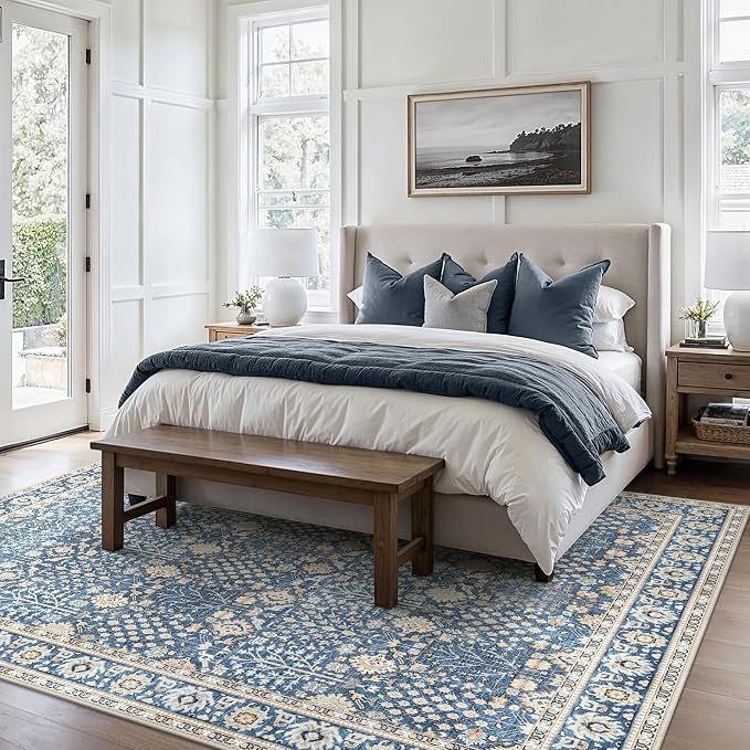 2x10 Kitchen Runner Rug, Washable Non Slip, Lake Blue | Vintage Floral Design, Spill Resistant Lightweight Low Pile Carpet for Hallway, Bedroom, Laundry Room, Bathroom