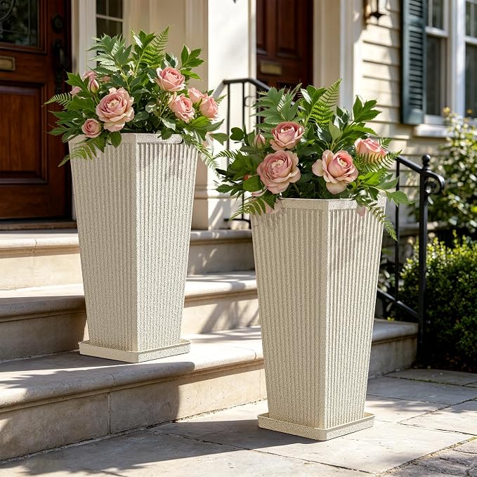 Front Porch Planters Outdoor Set of 2, 24" Tall Plastic Planters for Outdoor Plants with Drainage, Extra Large Outdoor Planter Pots, Tapered Tall Planters for Front Door & Indoor Plants, Beige