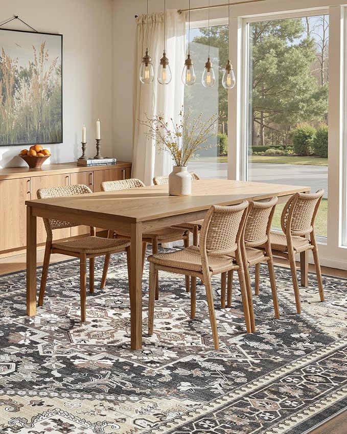 Washable Area Rug-10X14 Vintage Neutral Soft Black | Non Slip Thin Foldable Large Floor Carpet for Living Room Bedroom Kitchen Dining Room Home Office Farmhouse Indoor