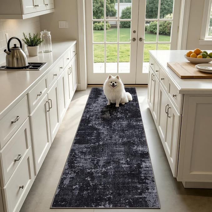 Sasttie 2x10 Runner Rug, Modern Abstract Hallway Carpet, Black & Grey | Machine Washable, Ultra-Soft Faux Wool, Low Pile, Non-Slip, Thin, for Entrance, Entryway, Kitchen & Laundry Room