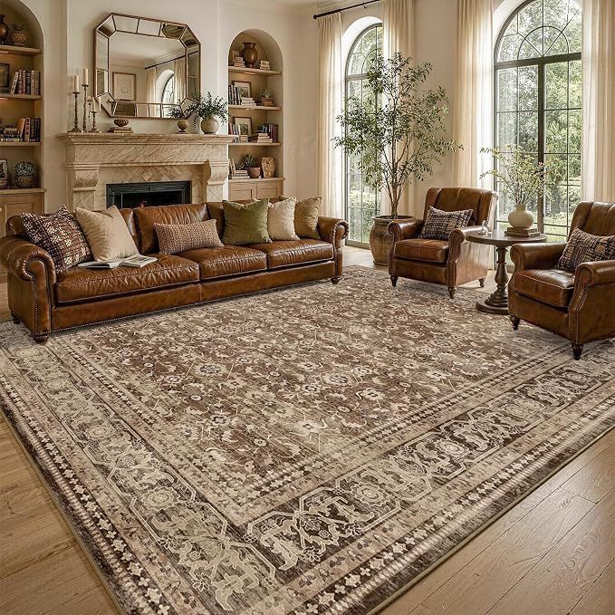 9x12 Ft Extra Large Area Rugs for Living Room, Soft Non-Slip Machine Washable Rug, Vintage Stain Resistant Carpets for Bedroom Nursery Dining Room Home Decor (Brown)