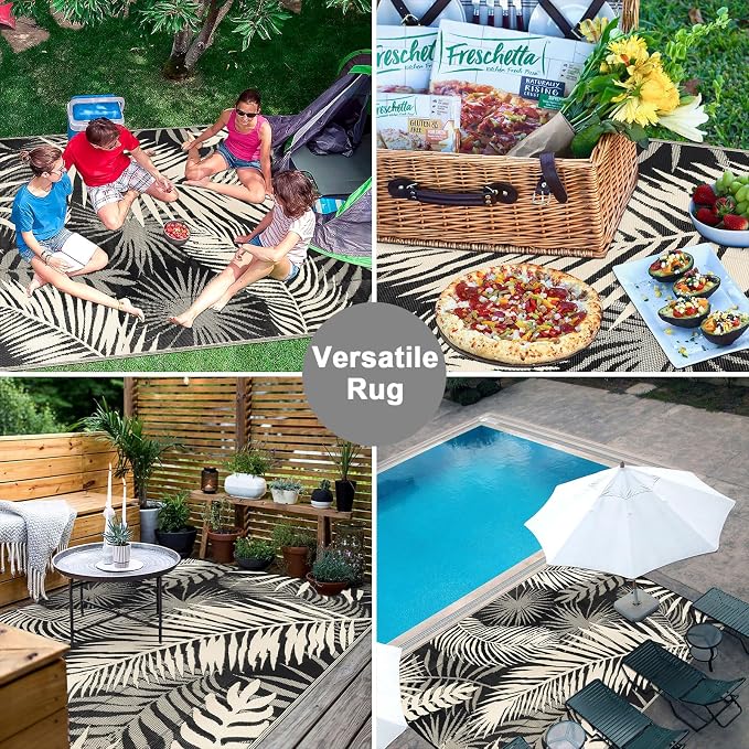 Outdoor Rug Waterproof for Patios Clearance, Reversible Outdoor Plastic Straw Rug Camping Carpet, Outside Floor Mats Large Area Rugs for RV,Patio,Deck,Porch,Beach, Balcony，8'x10',Black&Beige