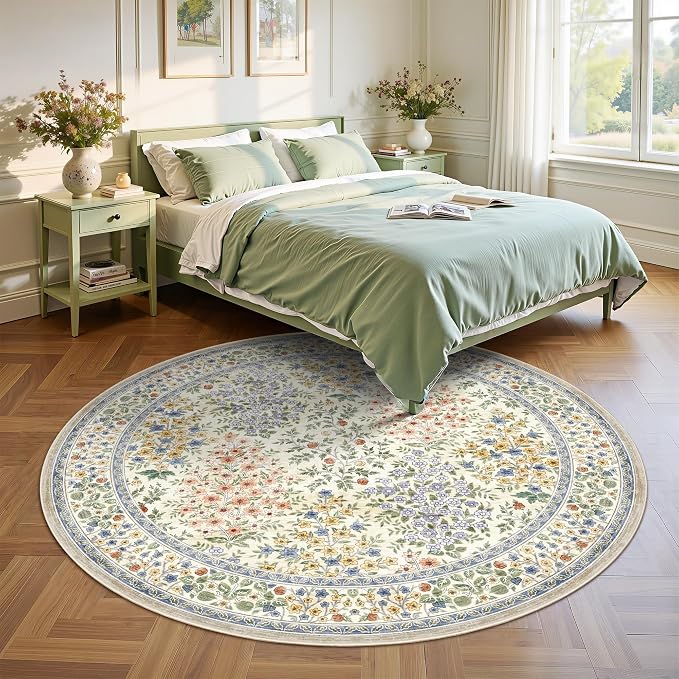 6FT Round Area Rugs, Machine Washable Low Pile Floral Rugs for Living Room, Bedroom, Large Boho Area Rug with Non-Slip Backing for Dining Room(Beige Floral)