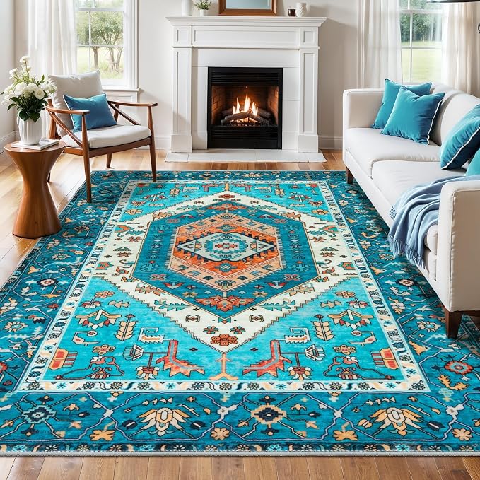 SERISSA 6x9 Washable Non Slip Boho Area Rug for Living Room，Blue | Ultra Soft Vintage Oriental Carpet Low-Pile Distressed Tribal Throw Carpet for Dining Room Bedroom Dorm Office Home Decor