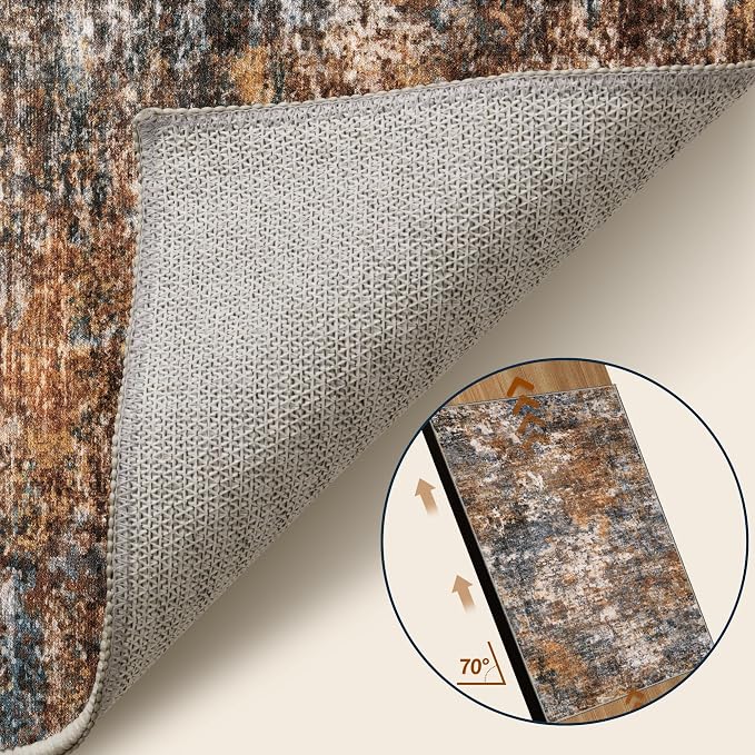 Tangsoo Abstract 3x5 Washable Area Rug, Modern Non Slip Accent Rugs | Contemporary Print Indoor Carpet, Soft Low Pile Foldable Rugs for Living Room Bedroom Bedside Entryway Rust Grey Home Decor