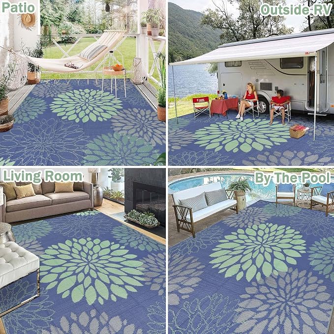 Ileading Waterproof Outdoor Rug 8x10, Reversible Plastic Straw Patio Rug, Portable Indoor Outdoor RV Camping Mat Carpet for Deck, Porch, Balcony, Backyard, Picnic, Floral Navy Blue