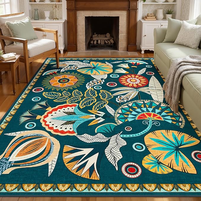 Joydeco Egypt Floral Machine Washable Living Room Bedroom Area Rugs 5x7 | Boho Botanical Colorful Non Slip Stain Resistant Flower Indoor Carpet for Dining Room Office Entryway Guest Room Playroom