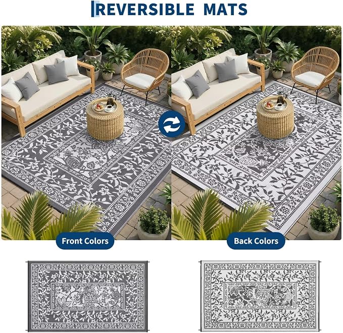 Garvee Outdoor Rug 5x8, Waterproof Reversible Foldable Plastic Straw Rug, Botanical cottagecore Outdoor Rugs Patio Camping RV Carpet for Deck Camper Porch Balcony Backyard Picnic Beach Grey