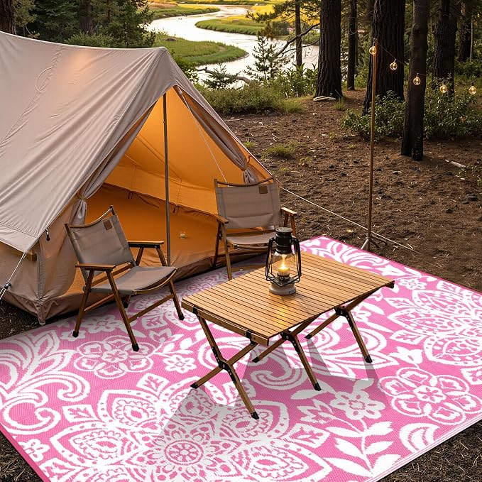 Findosom Waterproof Outdoor Rug 5' x 8' - Reversible Mandala Outdoor Plastic Straw Rug, Durable Foldable Patio Rug for RV, Deck, Balcony, Backyard, Picnic, Porch, Camping, Beach, Pink