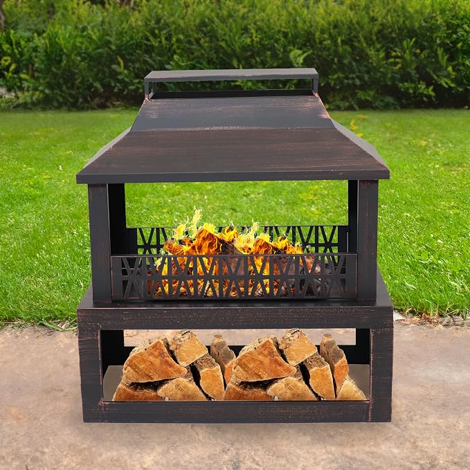 Sunnydaze Backyard Blaze 35-Inch H Heavy-Duty Steel Outdoor Fire Pit with Built-in Log Storage - Includes Protective Cover - Brushed Bronze