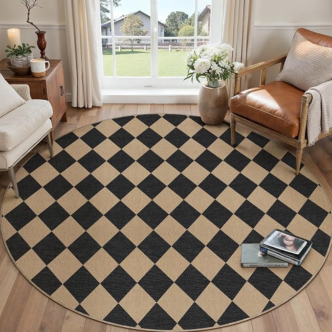 PureCozy Checkered Round Rugs 6ft, Outdoor Patio Easy Jute Rug Indoor Outdoor Circle Carpet, Farmhouse Nature Non Shedding Non Slip Washable Black Carpet for Living Room Entry Deck