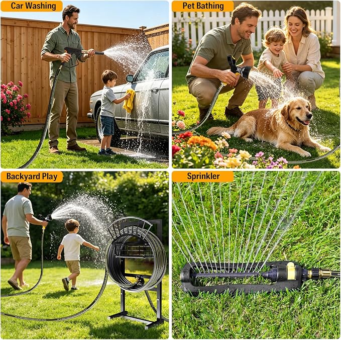 Garden Hose Holder with 45ft Water Hose, Brass Faucet | 5ft Hose Leader, Metal Heavy Duty Freestanding Garden Hose Hanger Storage Stand, Hose Storage for Outside Yard Lawn Farm
