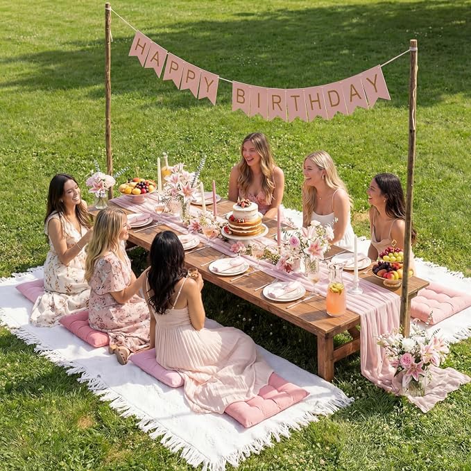 Extra Large Outdoor Picnic Blanket with Table Runner and Floor Pillow Cushion for Picnic Wedding Birthday Baby Shower Backyard Decor(71 x 102'',Pink,10 Pcs)