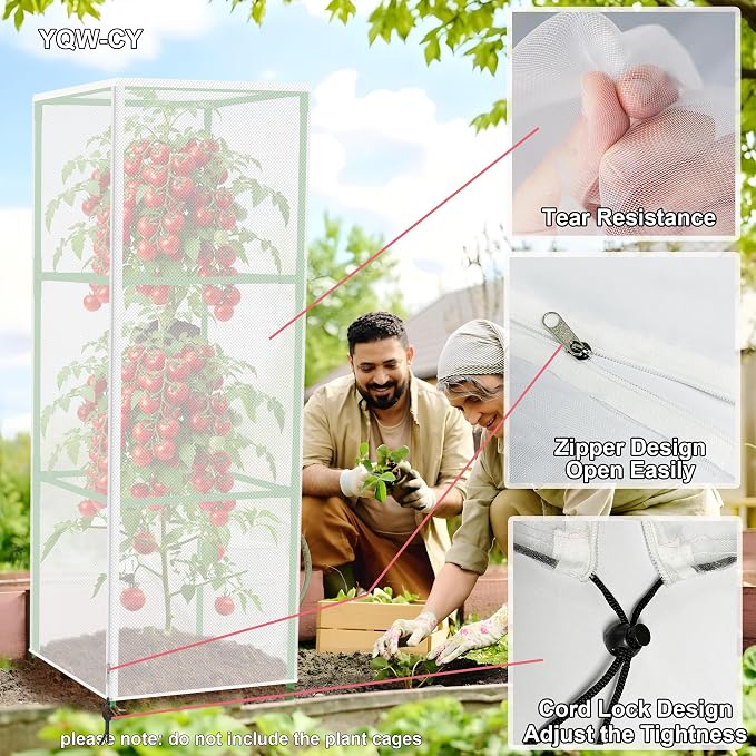 Garden Bird Netting Cover for Square Plant Cage, Plant Cover 59" x 17.7" Insect Tomato Cage Net with Zipper and Drawstring, Tomato Trellis Netting Protection Cover for Protecting Plant (6 Pack)
