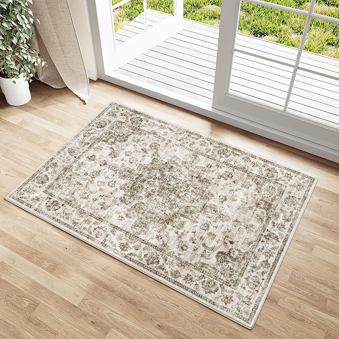 2x3 Brown Neutral Area Rug | Washable, Non Slip, Soft Low Pile, Vintage Farmhouse, for Entryway Kitchen Bathroom Living Room Bedroom Indoor Home Decor