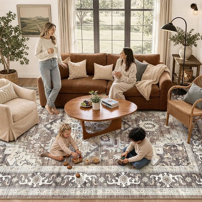 DTICON Vintage Washable 9x13 Area Rug Living Room Rugs, Dark Brown | Boho Distressed, Pet & Kid Friendly, Non-Slip Backing, Soft Polyester, Low-pile Carpet for Living Room, Bedroom, Dining Room