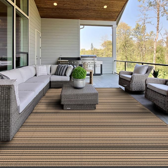 GENIMO Outdoor Rug for Patio Clearance, 8'x10' Reversible Plastic Straw Rugs, Lightweight Waterproof RV Camping Mat for Camper, Balcony, Deck, Backyard, Picnic, BlackBrown