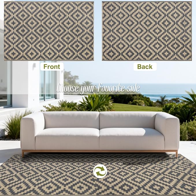 SAND MINE Reversible Mats, Plastic Straw Rug, Modern Area Rug, Large Floor Mat and Rug for Outdoors, RV, Patio, Backyard, Deck, Picnic, Beach, Trailer, Camping (4' x 6', Grey Tan Lattice)