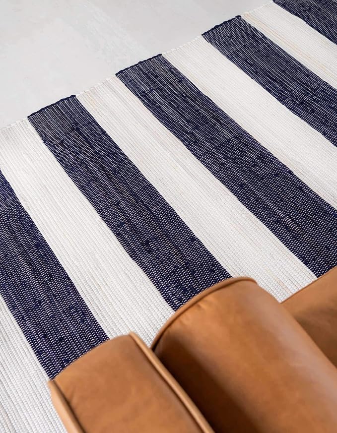 Unique Loom Chindi Rag Collection Area Rug - Striped (12' 2" x 16' 1" Rectangle, Navy Blue/ Ivory)