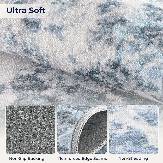DMOYEST 7x9 Area Rug for Living Room Washable Abstract Indoor Carpet | Neutral Modern Low Pile Rugs Kid & Pet Friendly Large Soft Thin Carpet for Bedroom Dining Room - Blue