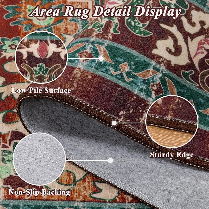 U'Artlines Boho Round Area Rug 4ft Machine Washable Carpet, Rust＆Teal | Vintage, Low Pile, Non Slip, Ultra-Thin Soft Floor Carpet, Circle, Accent Rug for Living Room Bedroom Dining Room Office