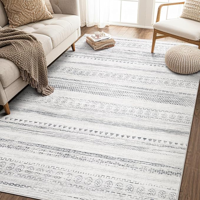 kakania Washable 6x9 Area Rug for Living Room: Boho Geometry Home Decor | Soft Stain Resistant, Low-Pile, Non-Slip, Pet & Kid Friendly, Thin Rug for Bedroom/Dining Room/Kids Dorm - Grey