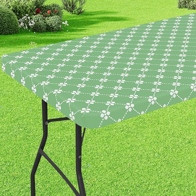 misaya Rectangle Vinyl Table Cloth, Elastic Fitted Tablecloth with Flannel Backing, Waterproof Plastic Table Cover Fits 8 Foot Folding Tables for Picnic, Camping and Outdoor (Sage Green, 30" x 96")