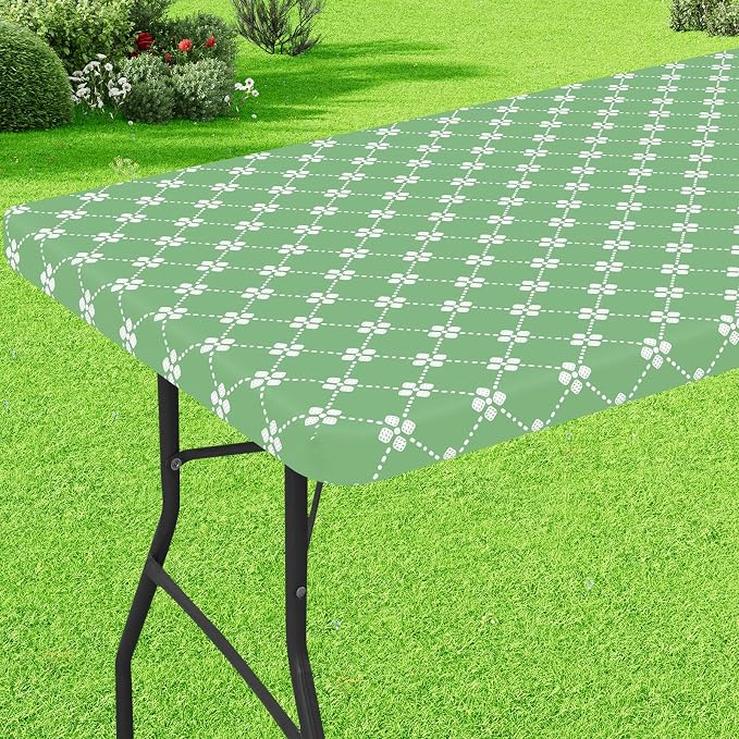 misaya Rectangle Vinyl Table Cloth, Elastic Fitted Tablecloth with Flannel Backing, Waterproof Plastic Table Cover Fits 4 Foot Folding Tables for Picnic, Camping and Outdoor (Sage Green, 30" x 48")