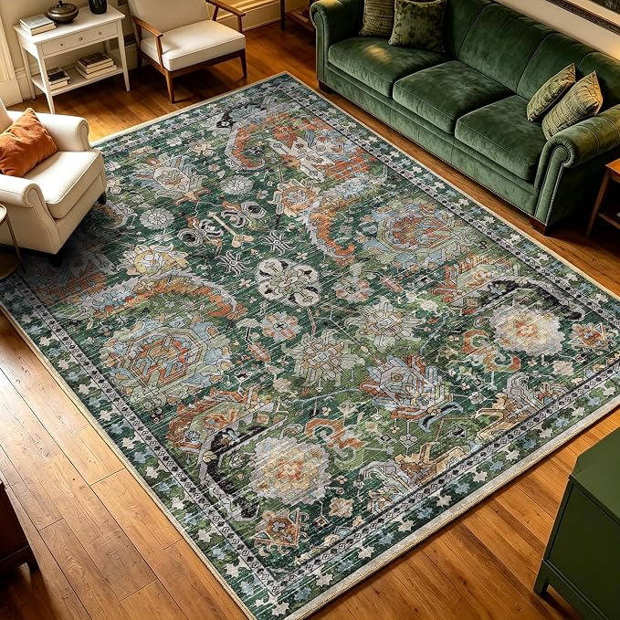Washable Area Rugs - Perfect for Living Room, Bedroom, Kids Room, Nursery - Stain & Water Resistant Non-Slip, Pet & Child Friendly, Vintage Tribal Area Rugs (Green, 8' x 10')
